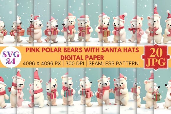 Polar Bears With Santa Hats Digital Paper Uses