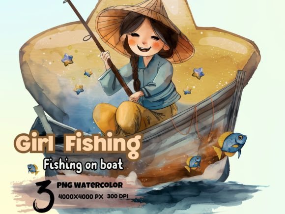 Watercolor Girl Fishing on Boat Clipart: A Versatile Illustration for Creative Projects