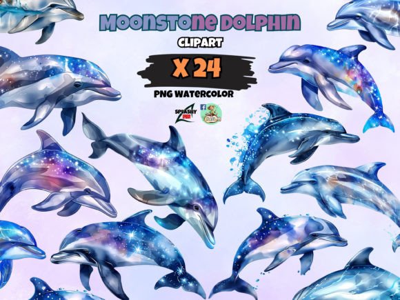 Watercolor Moonstone Dolphin Clipart: Elegant Design Assets